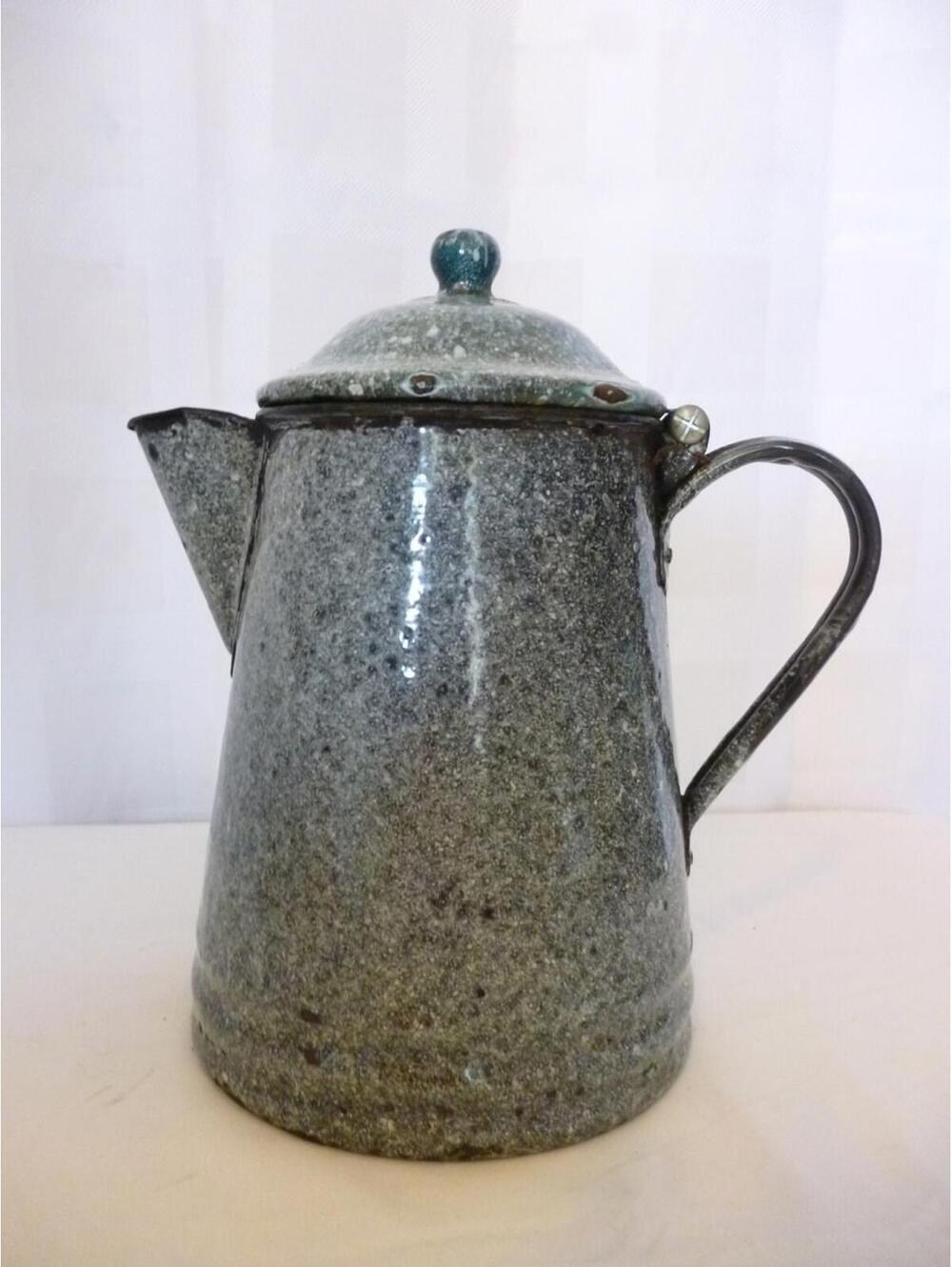 Shabby Vintage Gray and White Speckled Large Graniteware Coffee Pot, Enamelware